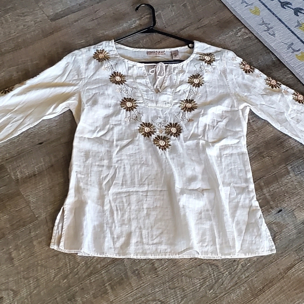 IE RELAXED Embroidered Cream Cotton Blouse⚜️🤎⚜️Small
